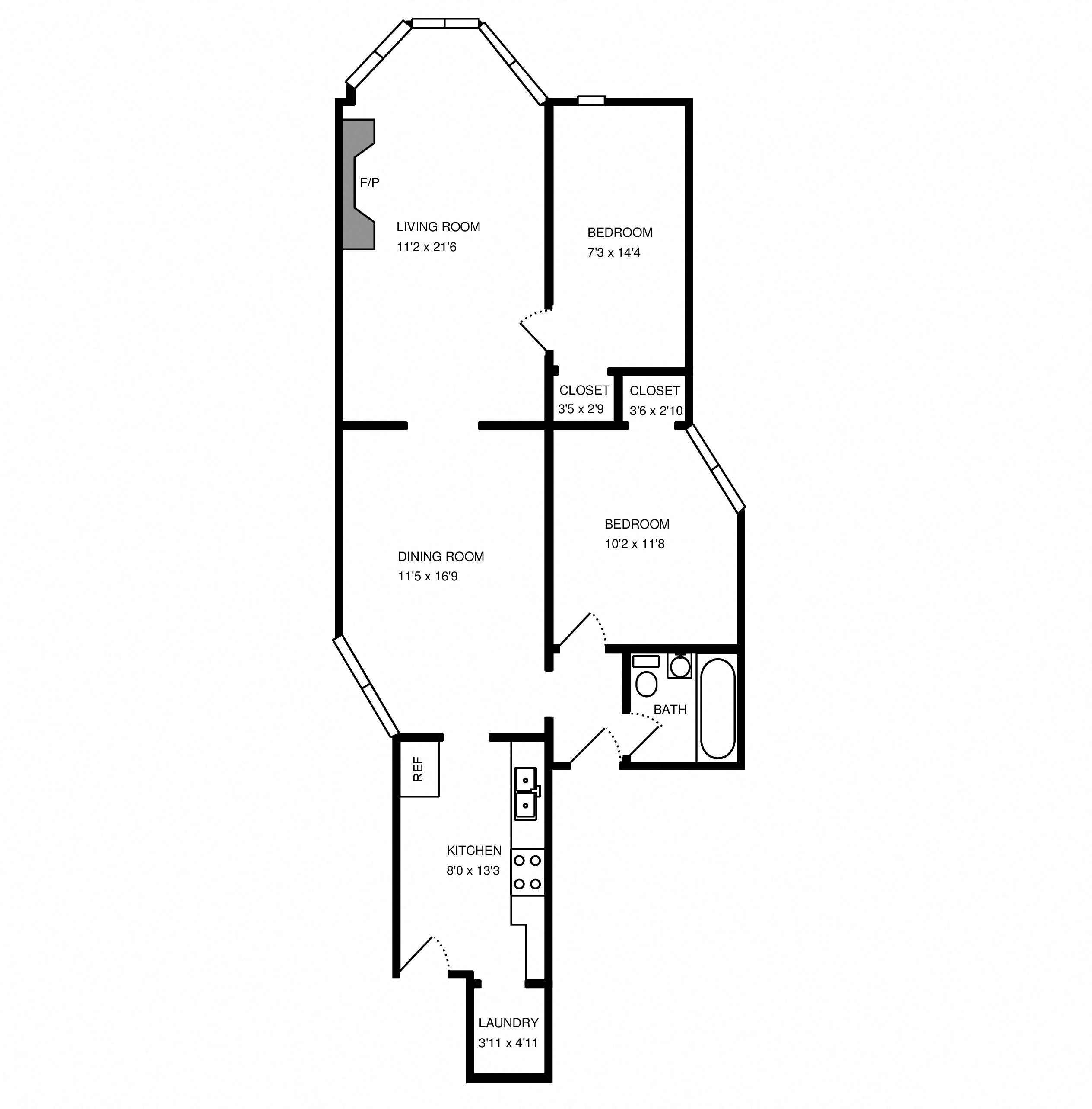 Floor plan for 2 beds, 1 bath, 828 sqft